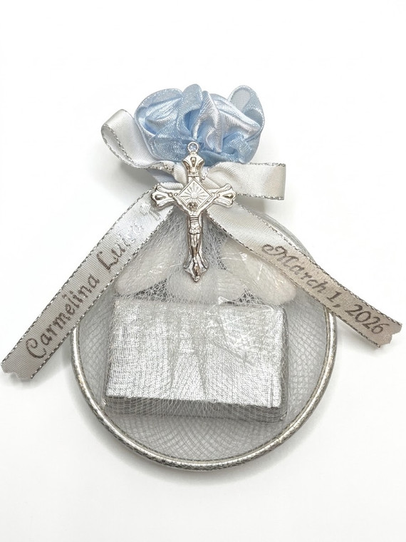 Modern Religious Favor with 3" Silver Ring Combined w/Chocolate, Jordan Almonds, Personalized Ribbon & Cross
