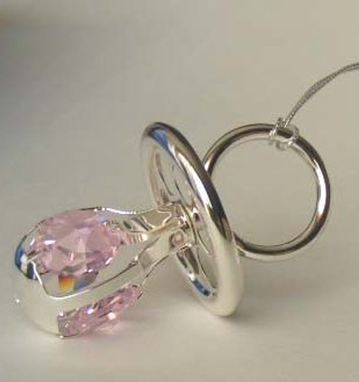 Silver Plated Pacifier w/Austrian Crystal - Pink