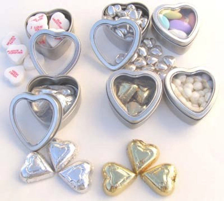 Heart Shaped Tin w/Clear View Top Filled w/Mint, Almonds or Chocolate