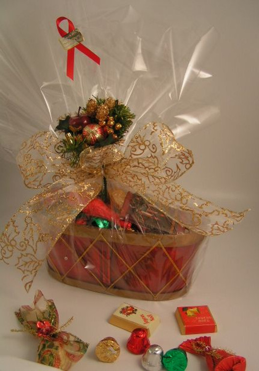 Distinctive Wooden Decorated Christmas Basket Filled w/ Christmas Chocolate