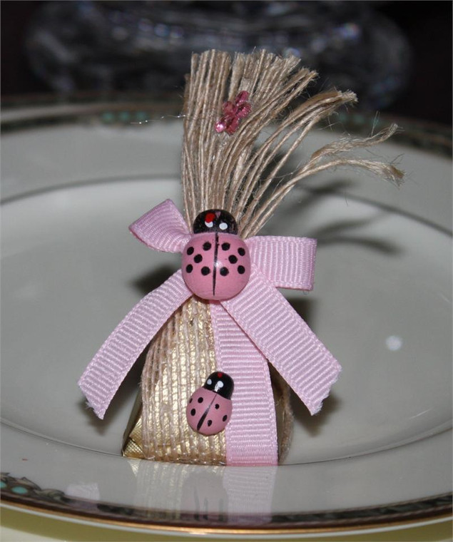 Pyramid Chocolate Favors with Pink Lady Bugs & Fringe Ribbon