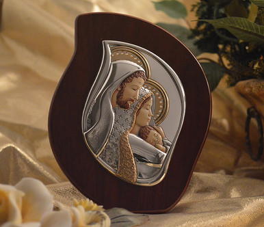 Italian Silver Holy Family Large icon on a tear-drop wood stand