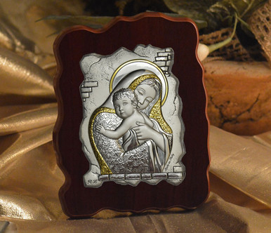 Italian Silver Icon Mother and Child on a wood stand Made in Italy