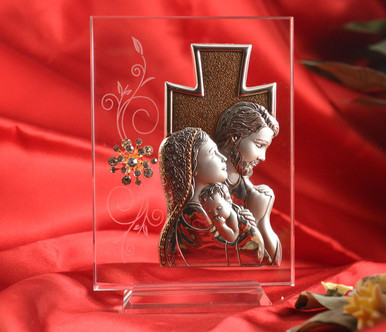 Italian Silver Holy Family icon on a glass stand