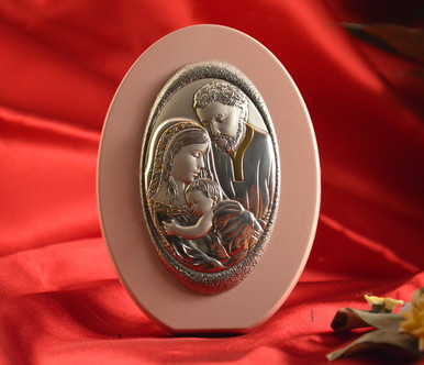 Italian Silver Holy Family Icon Made in Italy icon on a wood stand (PINK)