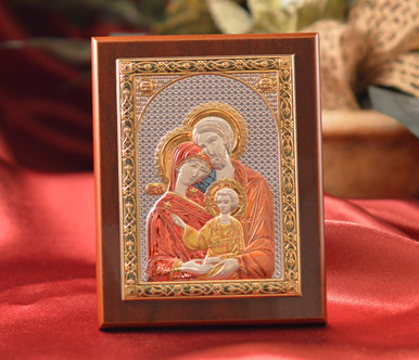 Italian Silver Greek Orthodox Holy Family color icon on a wood stand