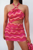 Pink Stripe Asymmetric Halter Mini Dress with Cut Out Waist