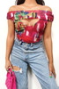 Red Print Off Shoulder Mesh Crop Top with Keyhole Detail