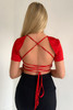 Red Satin Short Sleeve Lace-Up Back Top