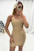 Beige Bodycon Premium Ribbed Jersey Bandeau Mini Dress with Stitch Detailing