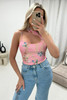 Pink Chain Print Asymmetric Strap Choker Neck Mesh Bodysuit