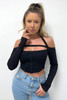 Black Ribbed Jersey Off-Shoulder Longsleeve Halterneck Crop Top