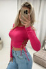 Hot Pink Ribbed Jersey Longsleeve Crop Top with Ribbon Sides
