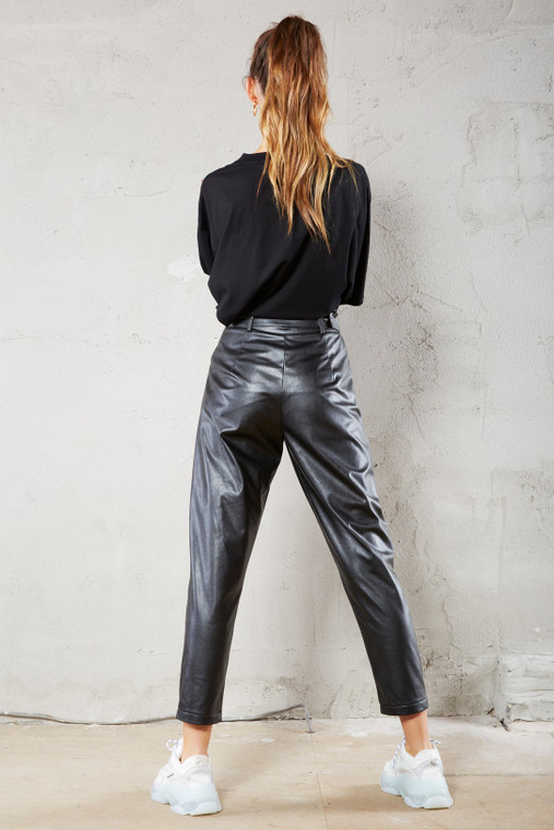 Black Leather Look Belted Trouser