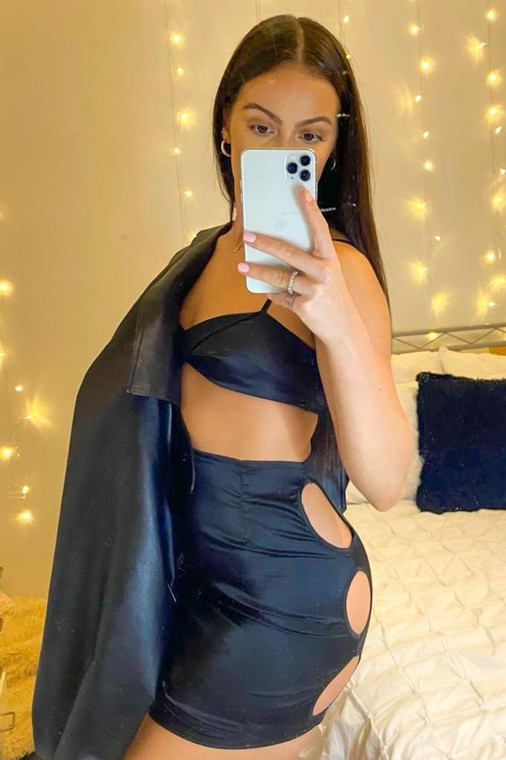 Black Satin Strappy Mini Dress with Twist Bust and Cut-Out