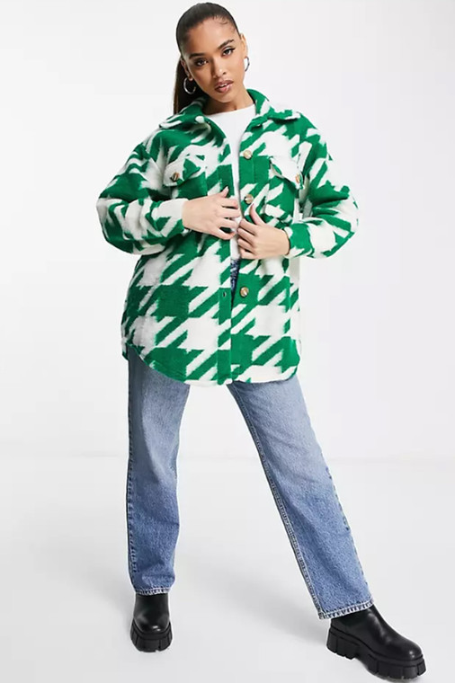 Green Oversized Shacket in Dogtooth Print