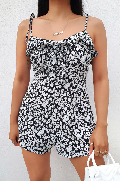 Black Floral Strappy Tie Shoulder Playsuit with Ruffle Detail