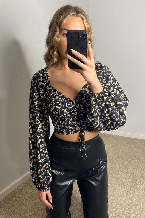 Black Ditsy Floral Long-Sleeve Ruched Front Crop Top