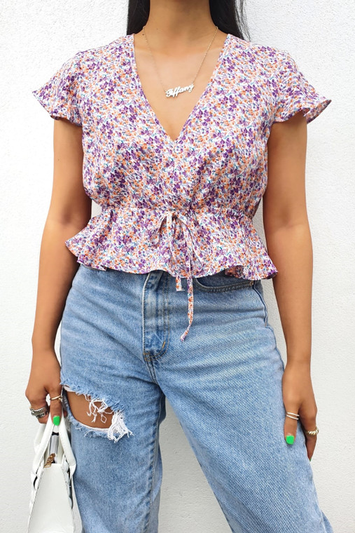 Lilac Floral Shortsleeve V-Neck Crop Top with Cinch Waist