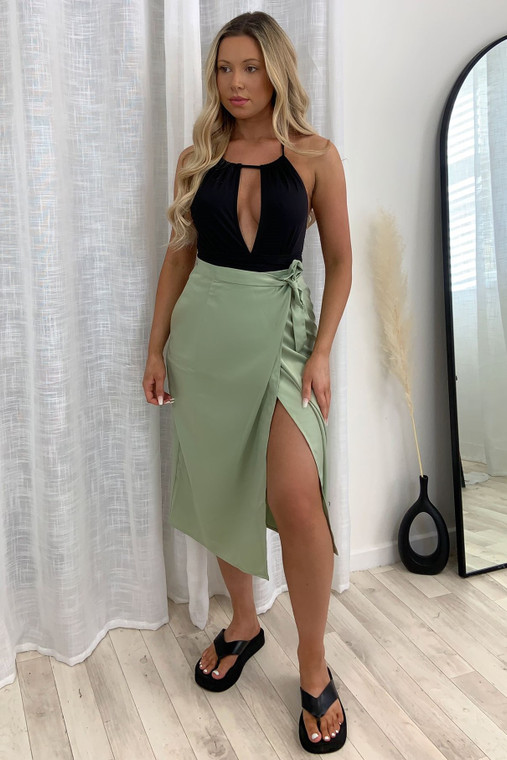 Matcha Satin Wrap Midi Skirt