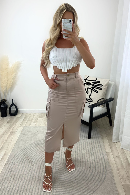 Stone Satin High Waisted Cargo Midi Skirt