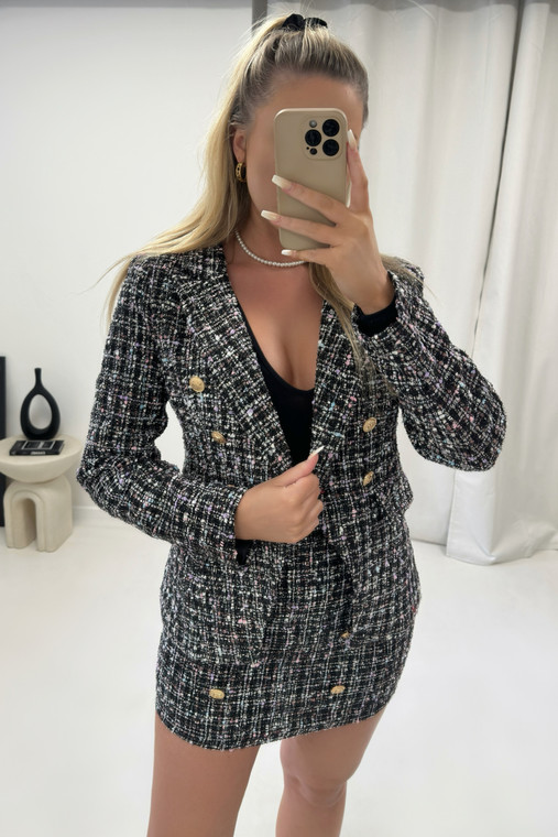 Black Multi Tweed Gold Button Blazer 