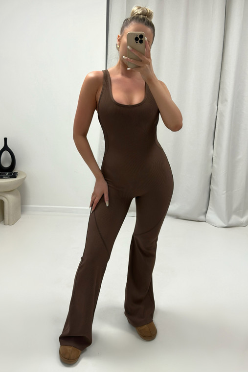 Brown Premium Ribbed Jersey Sleeveless Flared Jumpsuit