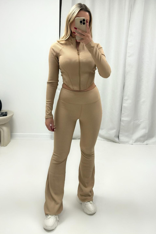 Beige Premium Ribbed Jersey Longsleeve Zip Through Top