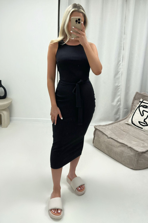 Black Ribbed Jersey Sleeveless Open Back Midi Dress