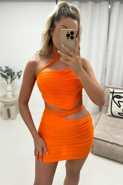 Orange Ruched Mesh Halter Corset Top and Mini Skirt Co-ord