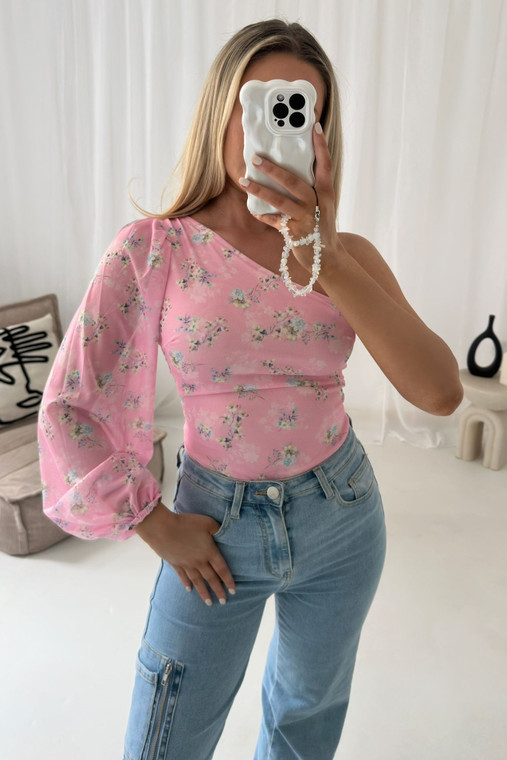 Pink Floral Asymmetric One Sleeve Mesh Bodysuit