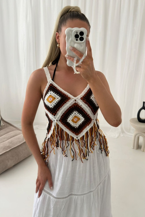 Brown-Cream Pattern Crochet Tassel Cami Top