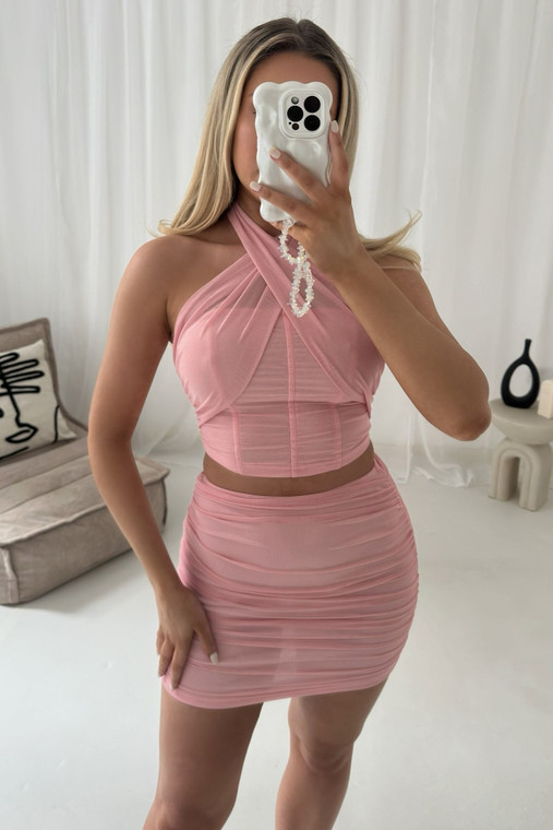 Pink Ruched Mesh Mini Skirt