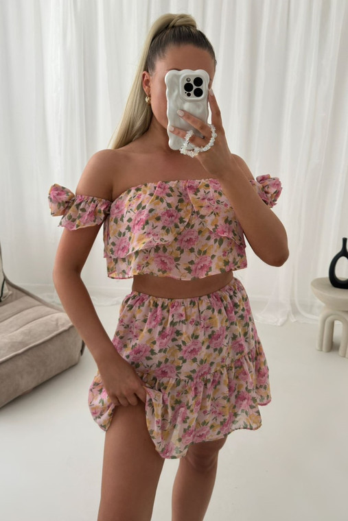 Pink Floral Elasticated Bardot Crop Top with Sleeve Rosette and Elasticated Waist Mini Skirt Co-ord