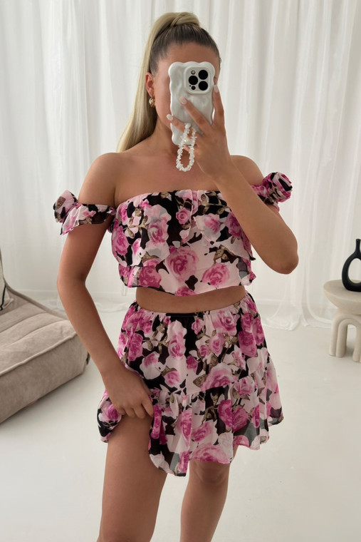 Black Floral Elasticated Bardot Crop Top with Sleeve Rosette and Elasticated Waist Mini Skirt Co-ord