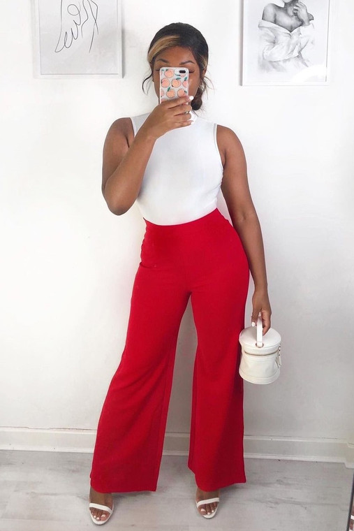 Red High Waist Wide Leg Trouser