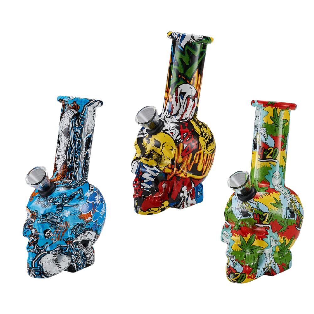 6" Artistic Printed Glass Skull Water Pipe - Assorted - 6 ct. Display
