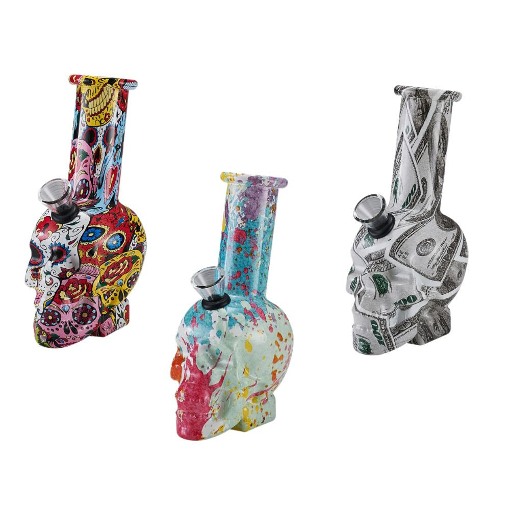 6" Artistic Printed Glass Skull Water Pipe - Assorted - 6 ct. Display