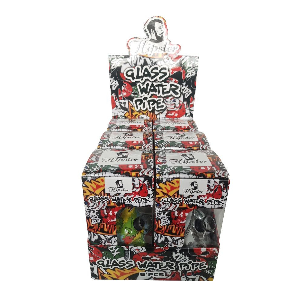 6" Artistic Printed Glass Skull Water Pipe - Assorted - 6 ct. Display