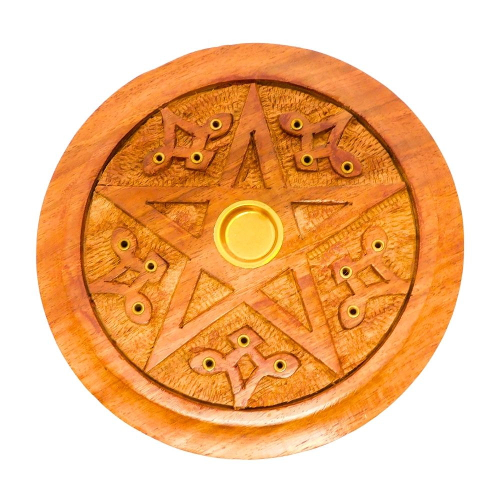 5" Round Wood Pentacle Carved Stick/Cone Burner