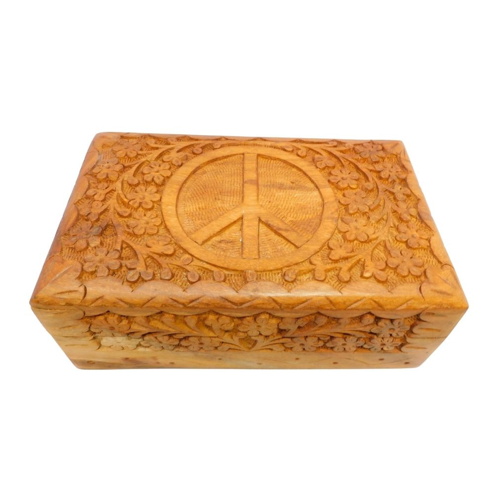 Peace Sign Carved Wood Box 8"