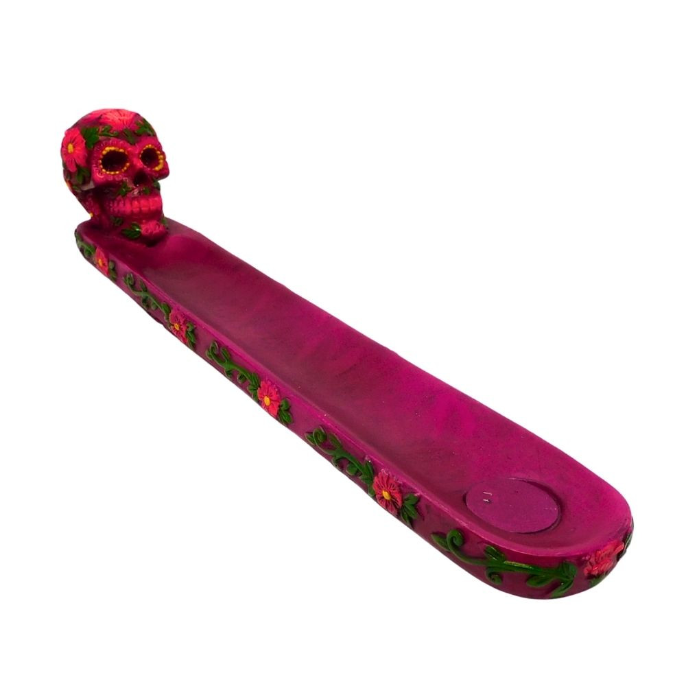 10" Fuchsia/Green Day of the Dead Skull Incense Burner