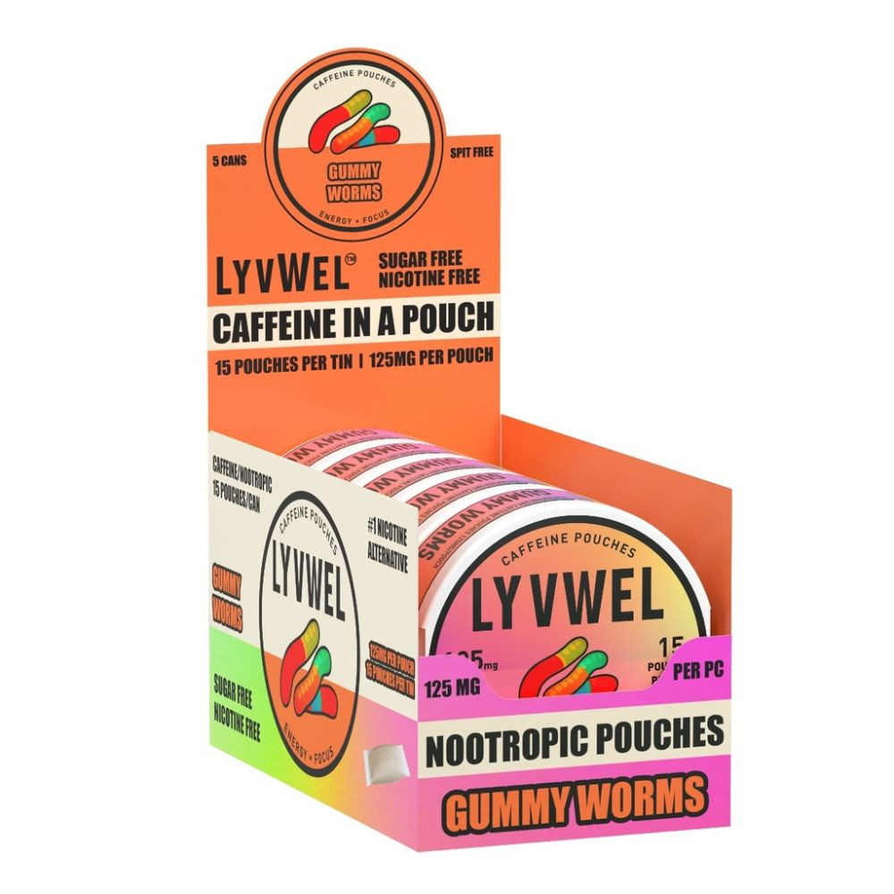 LyvWel 125mg Caffeine Energy Pouches - 5 ct. Box - Gummy Worms