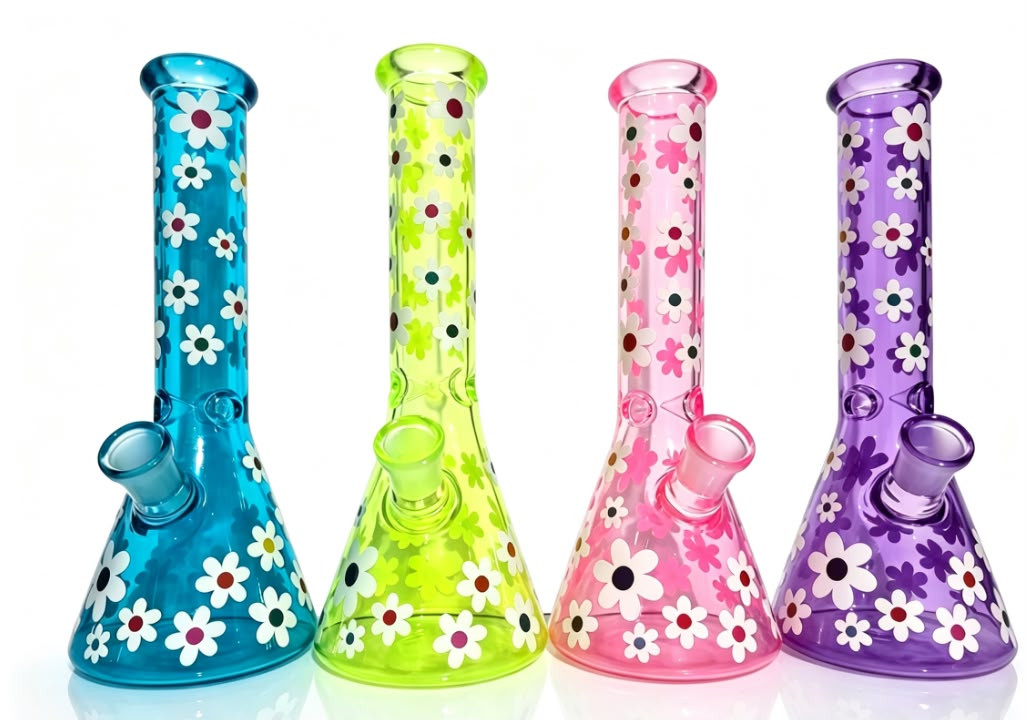 10" Flower Decal Color Beaker Water Pipe - Assorted