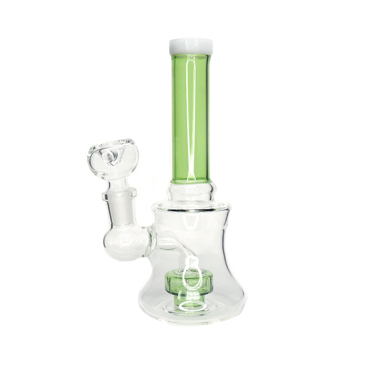 6" Showerhead Water Pipe available in assorted colors; grey, green, blue, and yellow.  A matching colored percolator is featured inside.  Includes an attached downstem and a removable clear bowl.