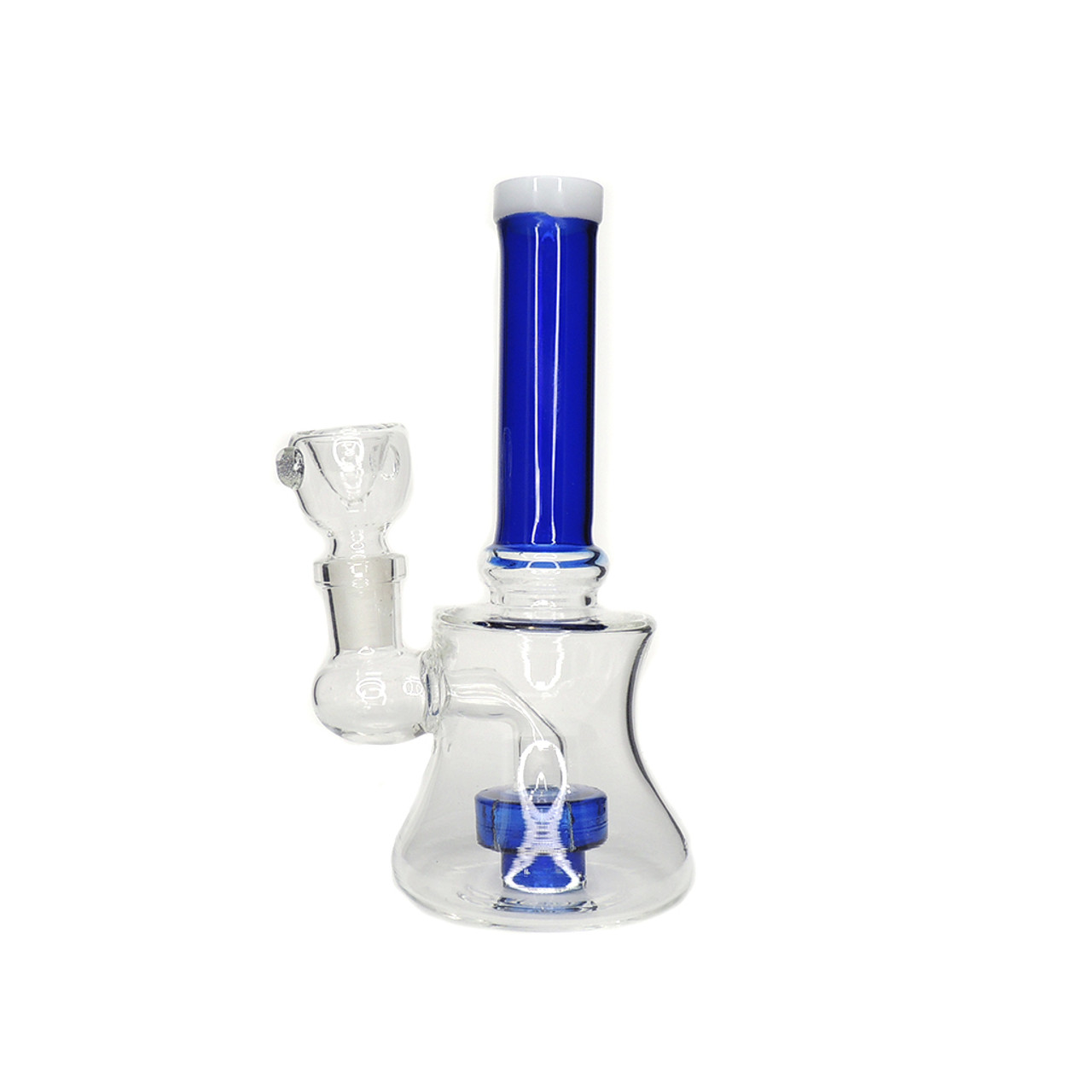 6" Showerhead Water Pipe available in assorted colors; grey, green, blue, and yellow.  A matching colored percolator is featured inside.  Includes an attached downstem and a removable clear bowl.