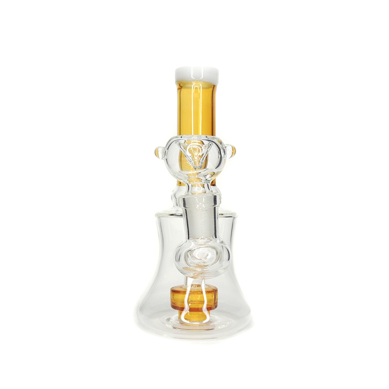 6" Showerhead Water Pipe available in assorted colors; grey, green, blue, and yellow.  A matching colored percolator is featured inside.  Includes an attached downstem and a removable clear bowl.