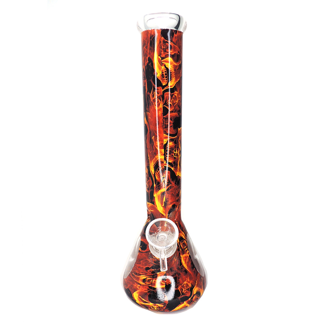 11" Printed Glass Water Pipe - Red Skulls and Fire, includes silicone dab container, dabber tool, and food grade silicone mat