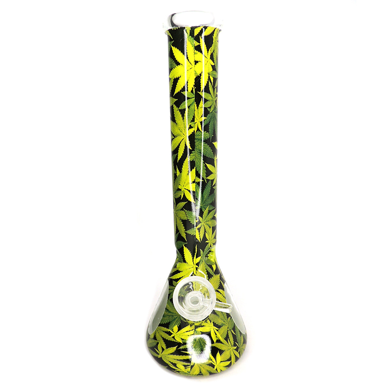 11" Printed Glass Water Pipe - Green leaves, includes silicone dab container, dabber tool, and food grade silicone mat