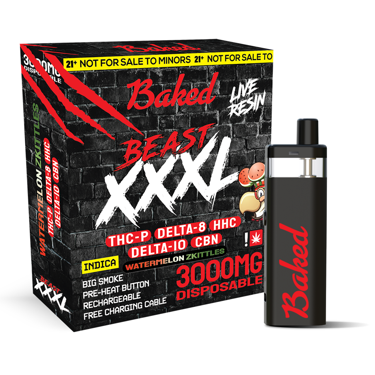 Baked Beast XXXL 3000mg THC-P/Delta-8/HHC/Delta-10/CBN Blend Disposables - 6 ct. Display